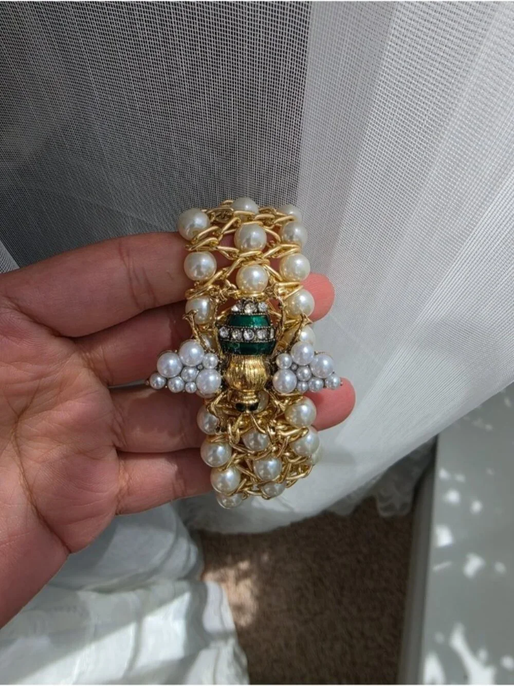 Gold Pearl Bracelet with Green Bee Accent